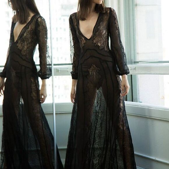 NWT Stone Cold Fox XS/S Black Vermont Lace WhimsiGoth Witch Boho Long Dress Gown - Picture 1 of 9